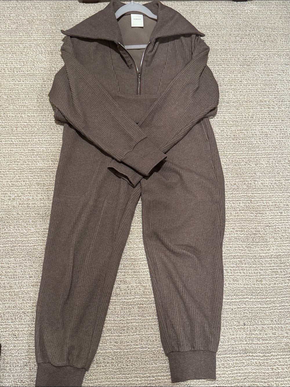 Varley Ribbed Half-Zip Pullover and Joggers in Brown